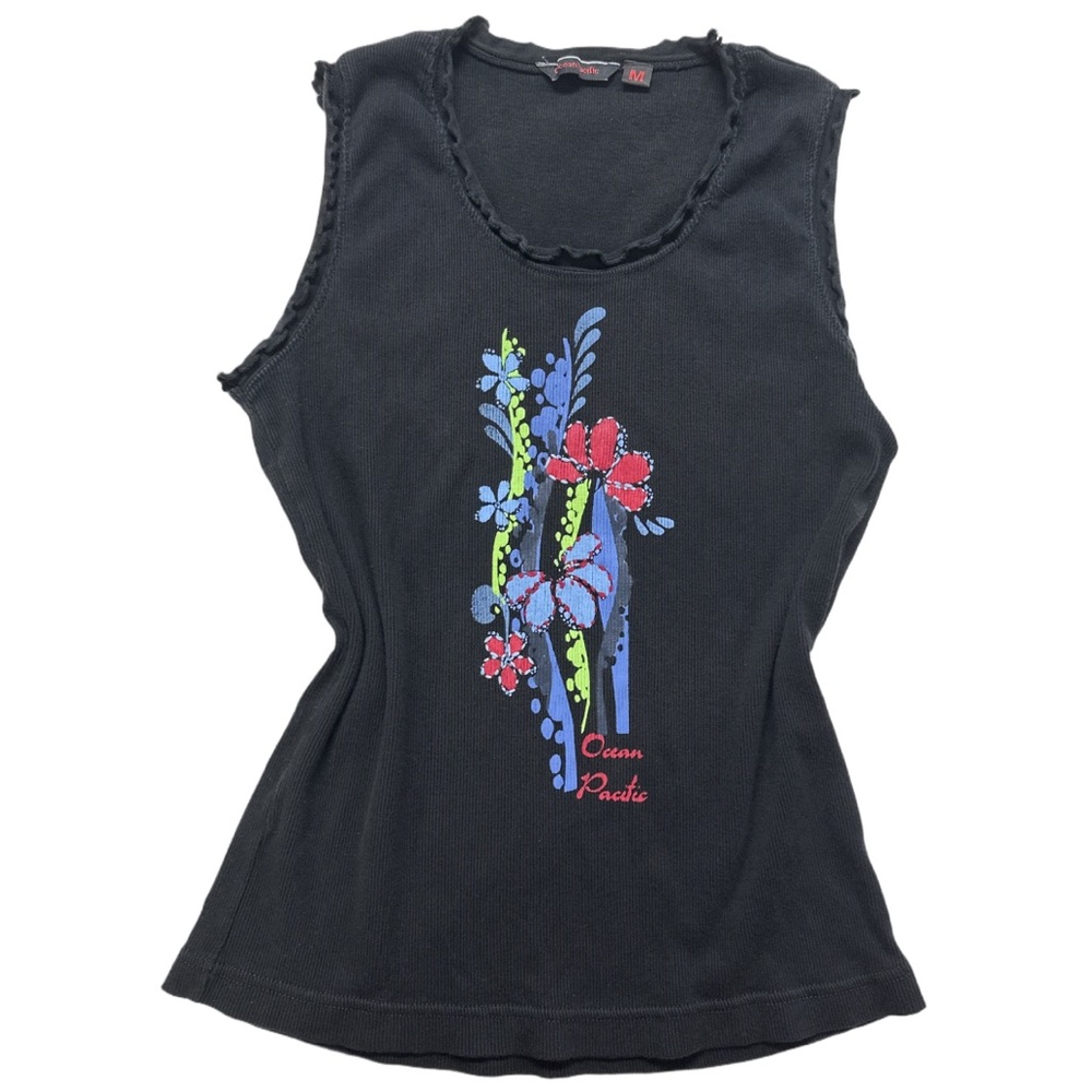 90s OCEAN PACIFIC women's black lettuce trim floral graphic tank, M.